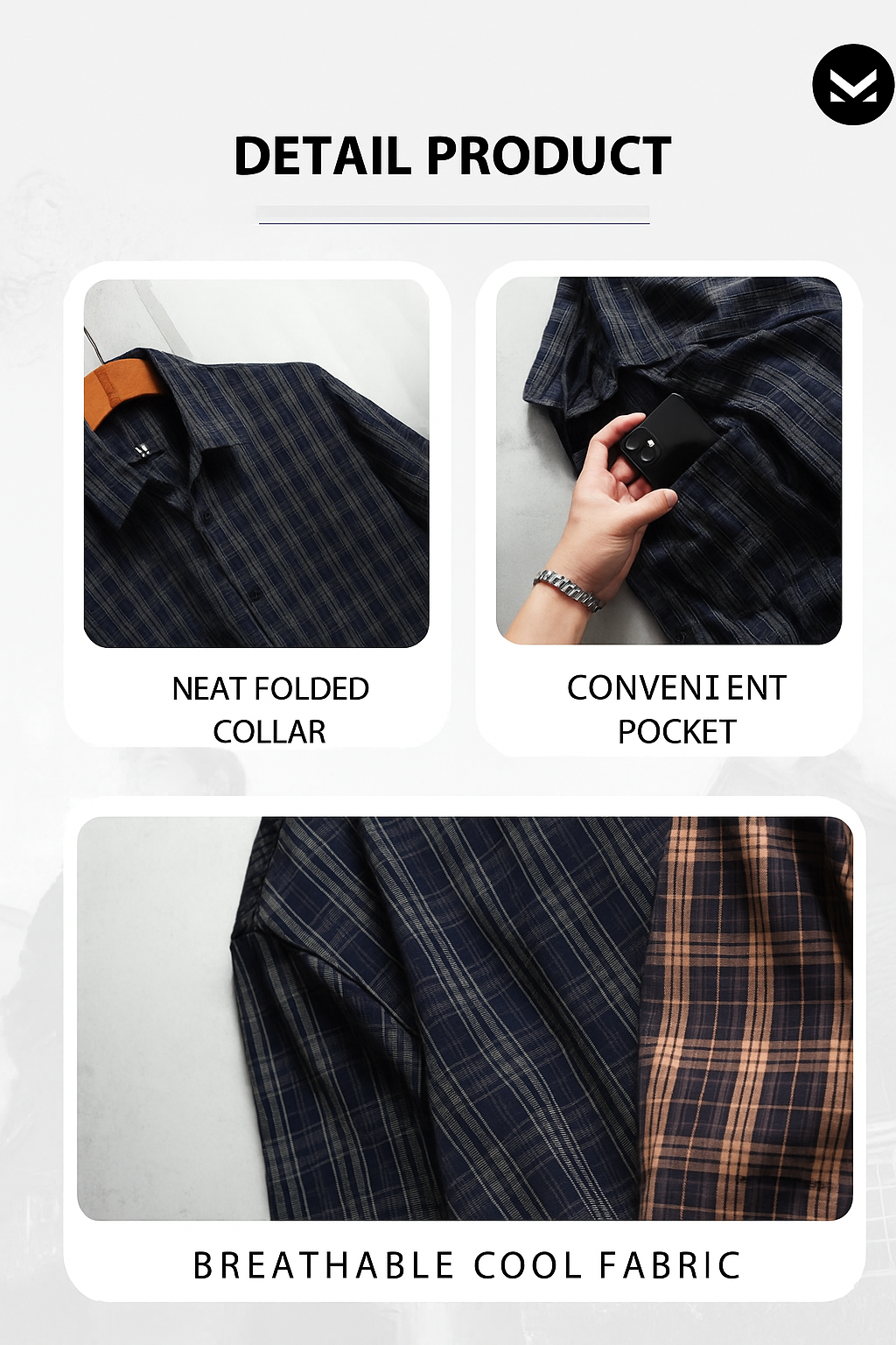 Navi men's plaid shirt. Soft, smooth, cool, anti-wrinkle Korean plaid fabric