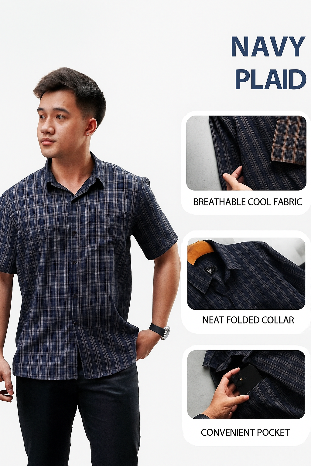 Navi men's plaid shirt. Soft, smooth, cool, anti-wrinkle Korean plaid fabric