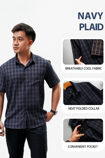 Navi men's plaid shirt. Soft, smooth, cool, anti-wrinkle Korean plaid fabric