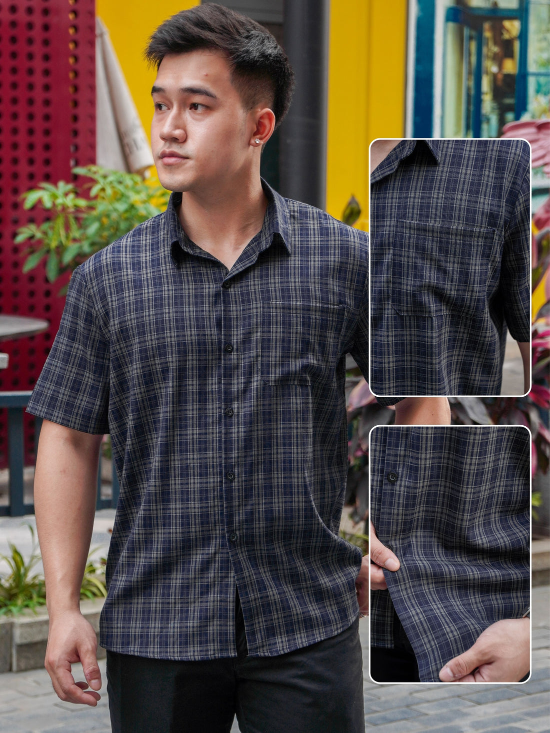 Navi men's plaid shirt. Soft, smooth, cool, anti-wrinkle Korean plaid fabric